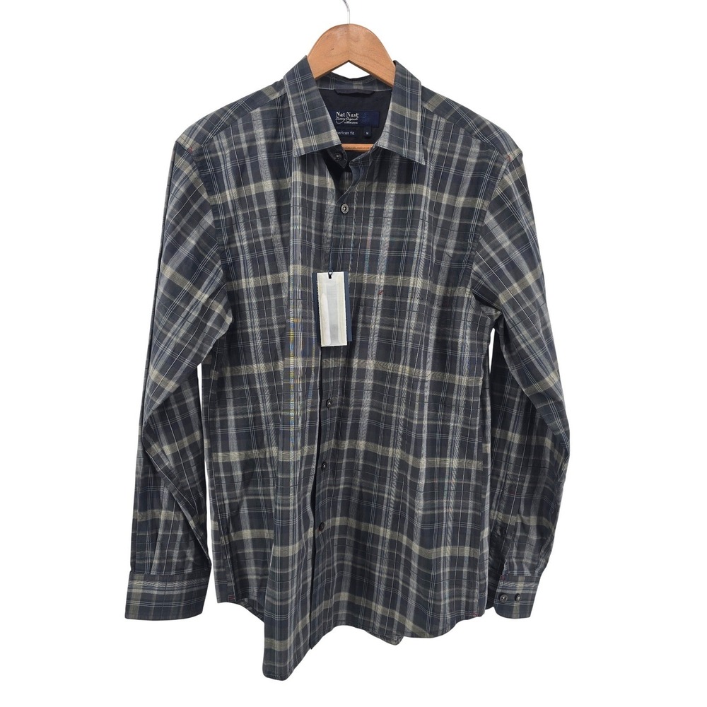 Nat Nast Button Down Mens M Black Plaid American Fit AY41S353 Long Sleeve Shirt